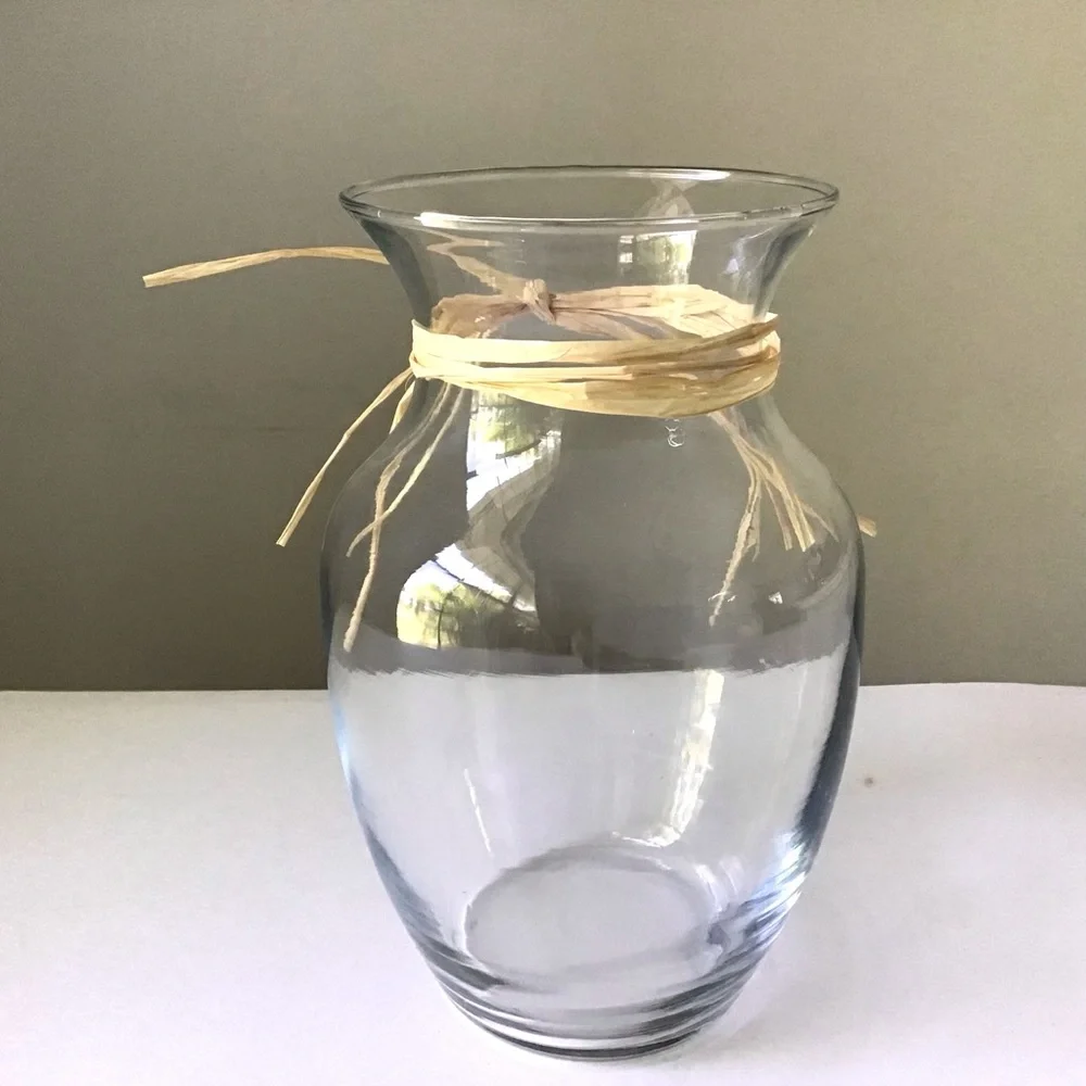 Clear Glass Vase with Natural Raffia Accent 7-3/4” Farmhouse Coastal Minimalist